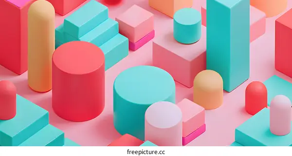 Abstract Geometric Shapes Background with 3D Rendered Pink, Blue and Yellow Colors