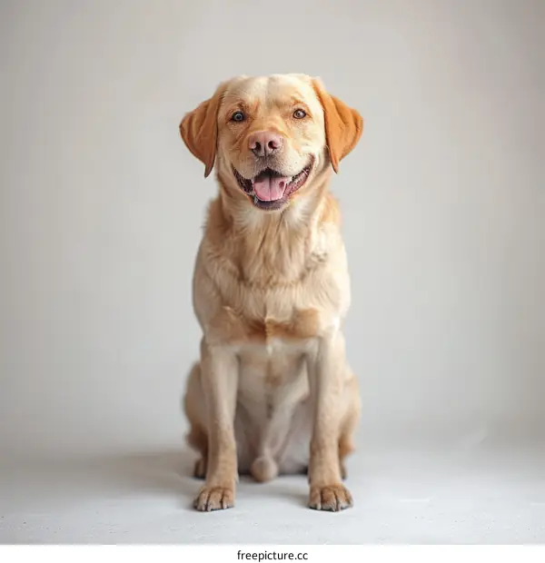 A happy Labrador Retriever sits in a studio
