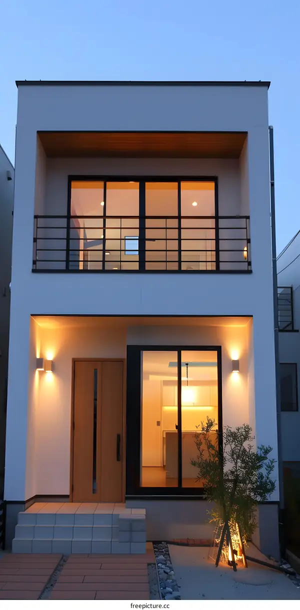 Modern Two Story House with Wooden Door and Patio