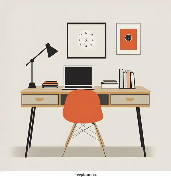 Modern Home Office Desk with Laptop, Clock and Chair