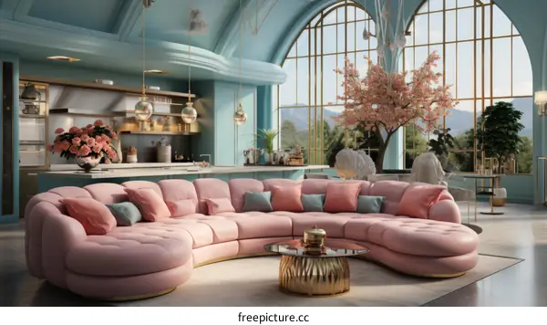 Pink Sectional Sofa in Blue Living Room with Cherry Blossom Tree