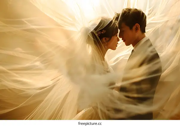 The bride and groom are kissing behind the veil