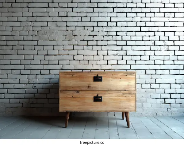 Vintage Wooden Chest of Drawers Against White Brick Wall