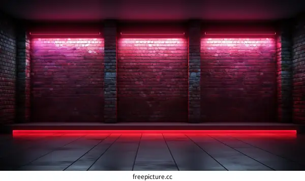 Glowing Red Neon Lights in a Dark Room with Brick Walls and a Concrete Floor