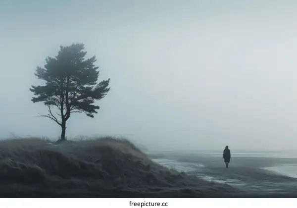 Person walking alone in a foggy landscape