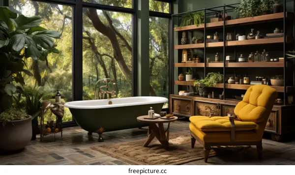 Bathroom with a view of the forest