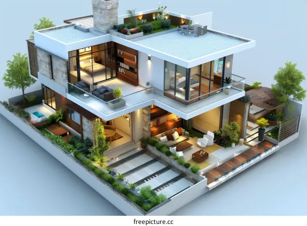 Modern Architectural Design of a Multi-Level House with Courtyard