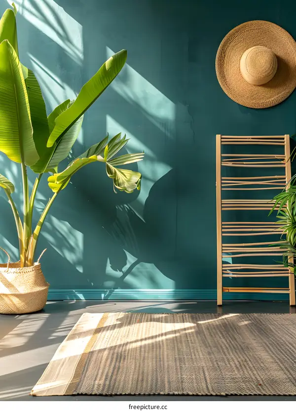 Tropical Interior Design With Green Wall And Woven Rug