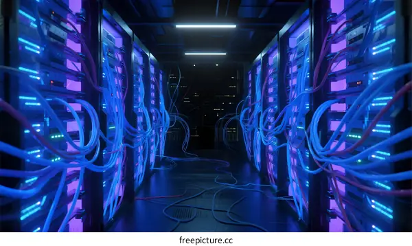 Server Room with Blue Cables and Technology Infrastructure