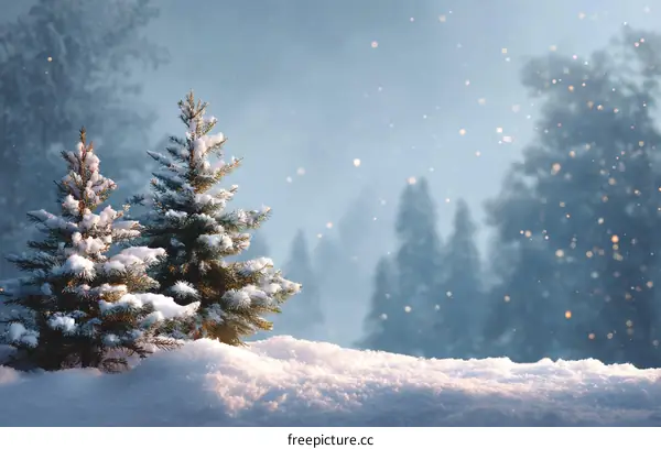 Winter Snow Scene with Two Fir Trees