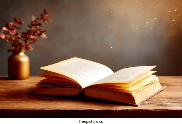 Open Book on Wooden Table with Golden Vase and Plants