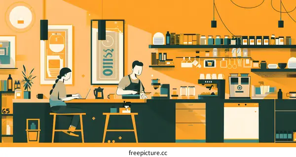 Coffee Shop Illustration with Two People Working and a Customer on Laptop