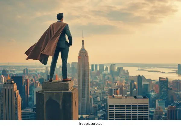 Businessman wearing cape standing on top of building overlooking city