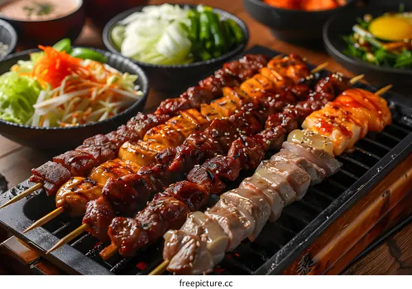 A variety of grilled meats and vegetables on a grill.