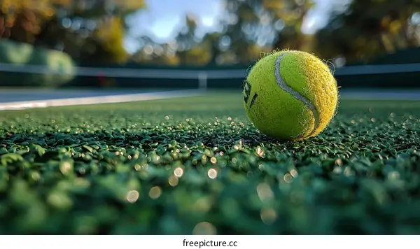 A green tennis ball on a green tennis court with a blurred background
