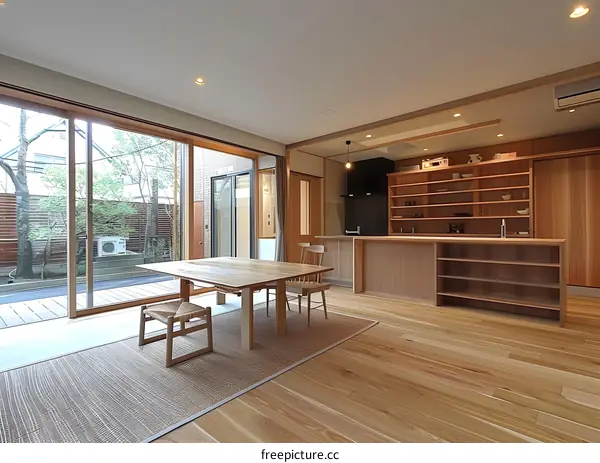Modern Japanese Minimalist Kitchen Design with Wooden Flooring and Open Shelving