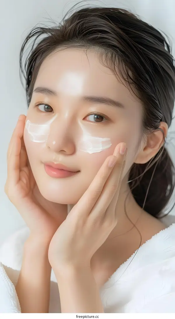 Beautiful Asian Woman Applying Face Cream On Her Skin