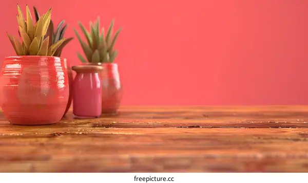 Succulents In Pots On Wooden Table With Red Background