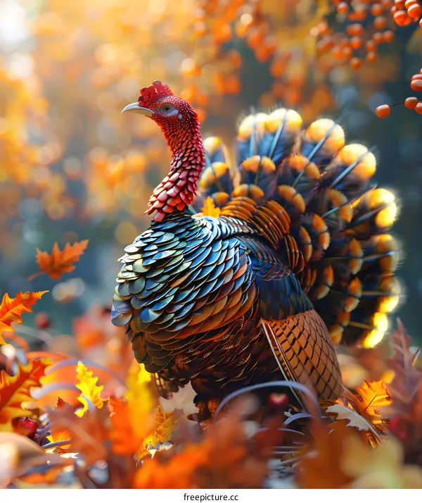 A majestic turkey stands in a field of autumn leaves.