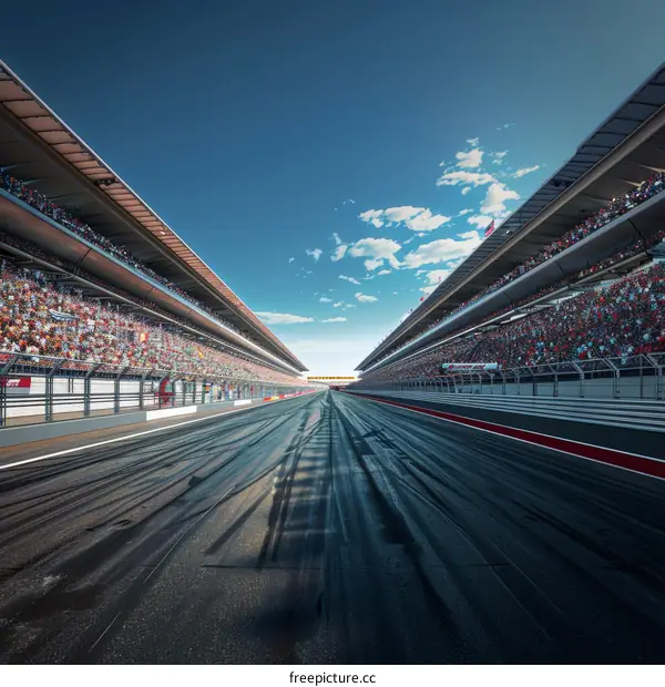 A long and empty Formula One race track with stadium seating on both sides