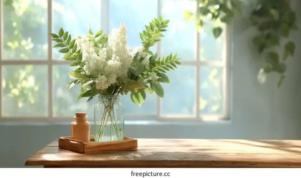 White Flowers Bouquet on Wooden Table by Window