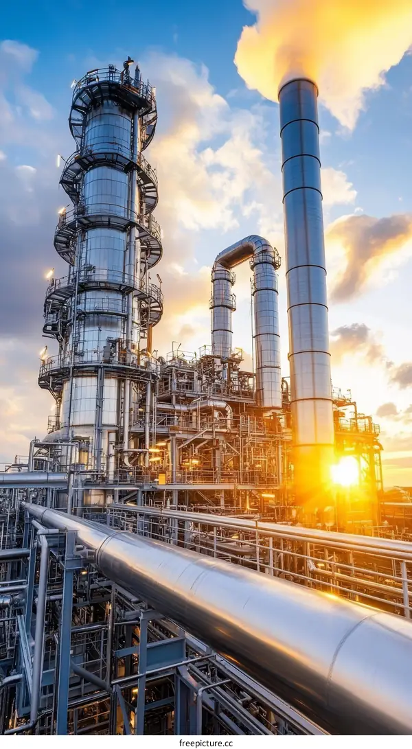 Industrial Oil Refinery Plant at Sunset