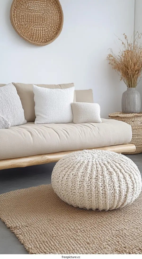 Beige Living Room Decor with Knitted Pouf
