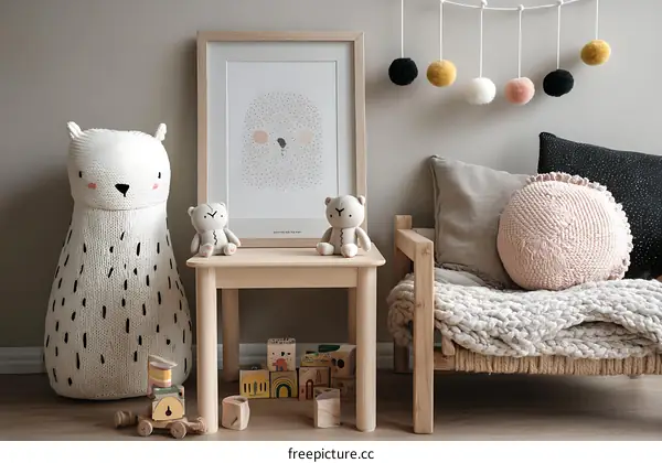 Cozy Nursery Decor with Knitted Bear and Cushions