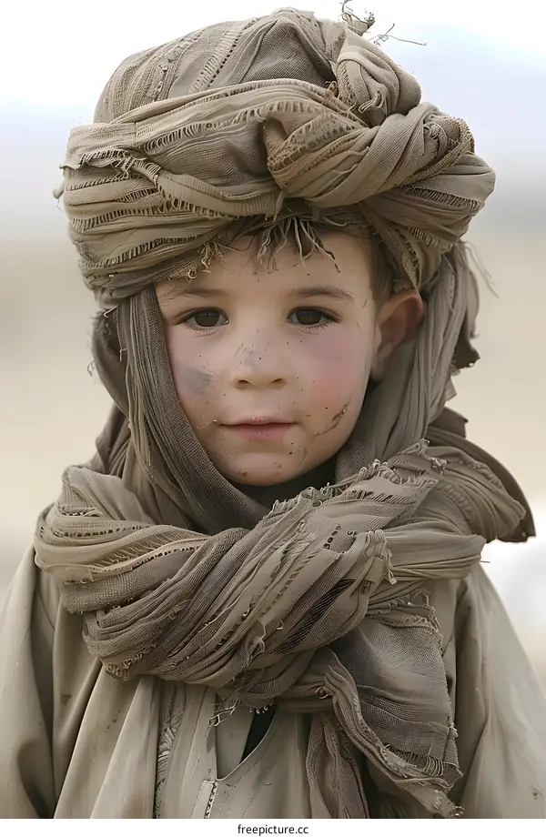 Portrait of a Young Boy Wearing a Traditional Headscarf