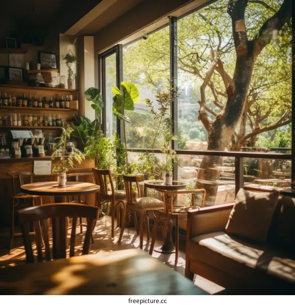 The warm sunlight shines through the large glass windows into the cozy coffee shop
