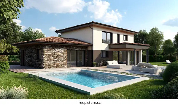 Modern House with Swimming Pool and Stone Wall