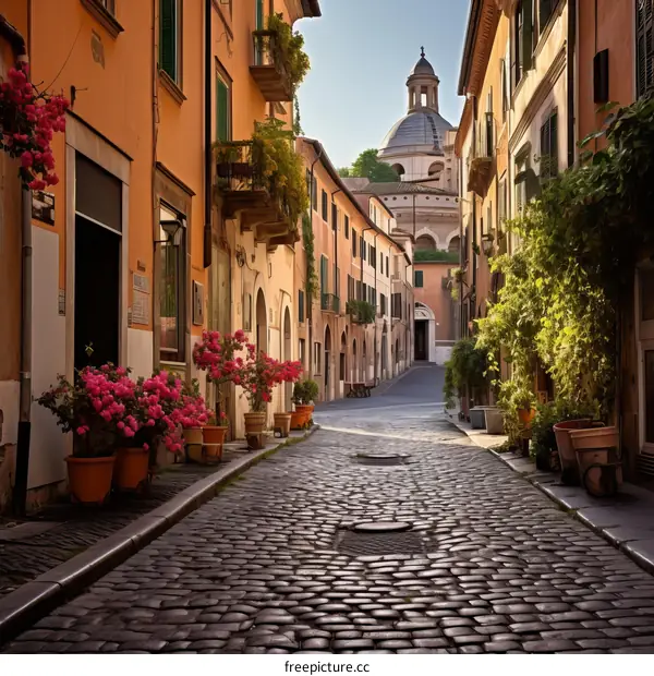 Charming cobblestone street in Rome, Italy