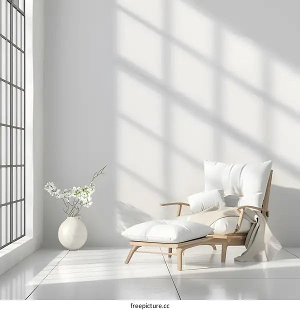 Minimalist White Room with a Wooden Chair and Ottoman