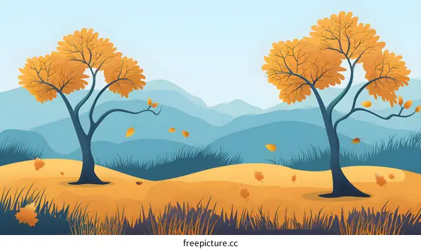 Autumn Landscape With Two Trees and Mountain Background