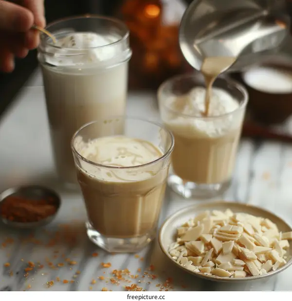 Barista pouring milk from pitcher into glass cup of coffee