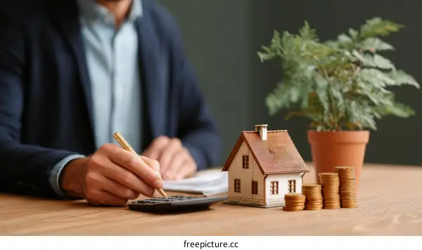 Businessman Calculating Home Loan Costs with Model House