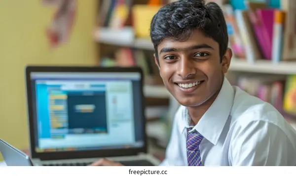 Smiling Teenager Studying with Laptop