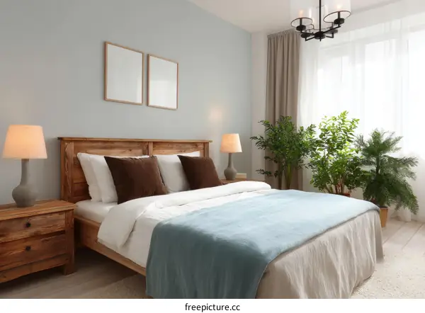 Cozy Bedroom Interior with Wooden Furniture and Plants