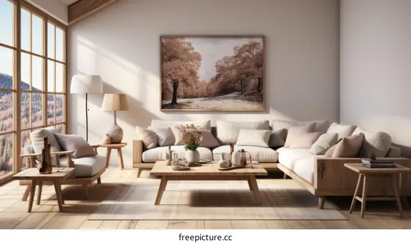 Scandinavian Minimalist Living Room with Pink Tree Painting