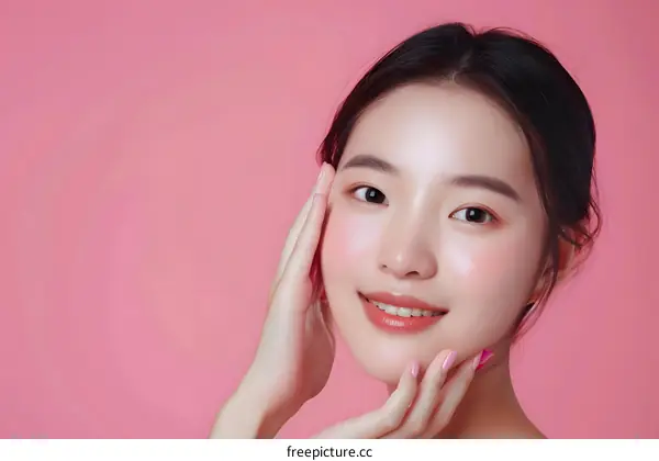 Beautiful Young Asian Woman Smiling with Pink Background