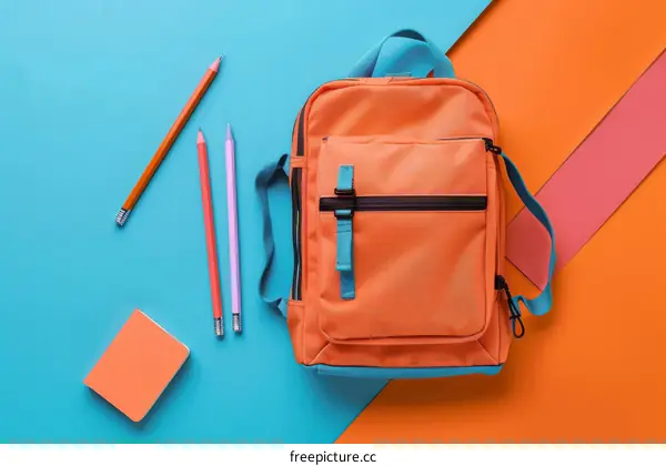 An orange backpack with a blue background