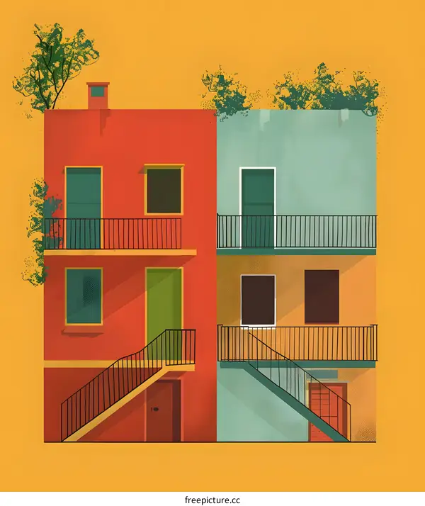 Two Colorful Buildings with Roof Gardens