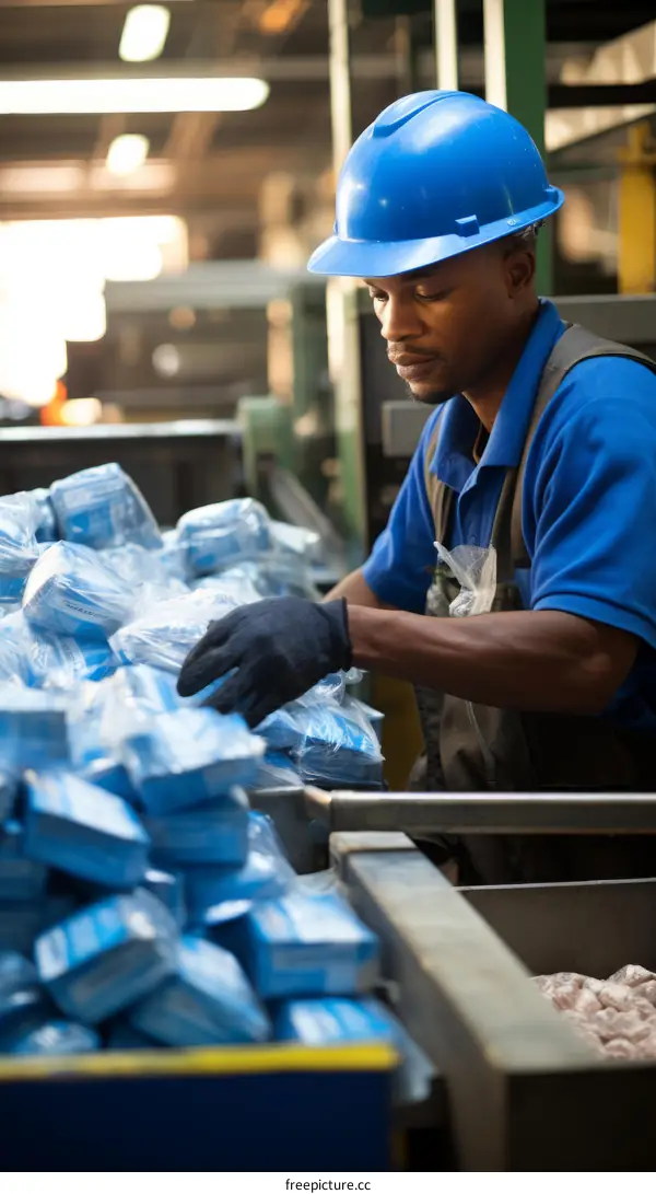 Black man wearing blue hard hat working in factory