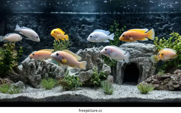 Aquarium with Colorful Fish and Rocks