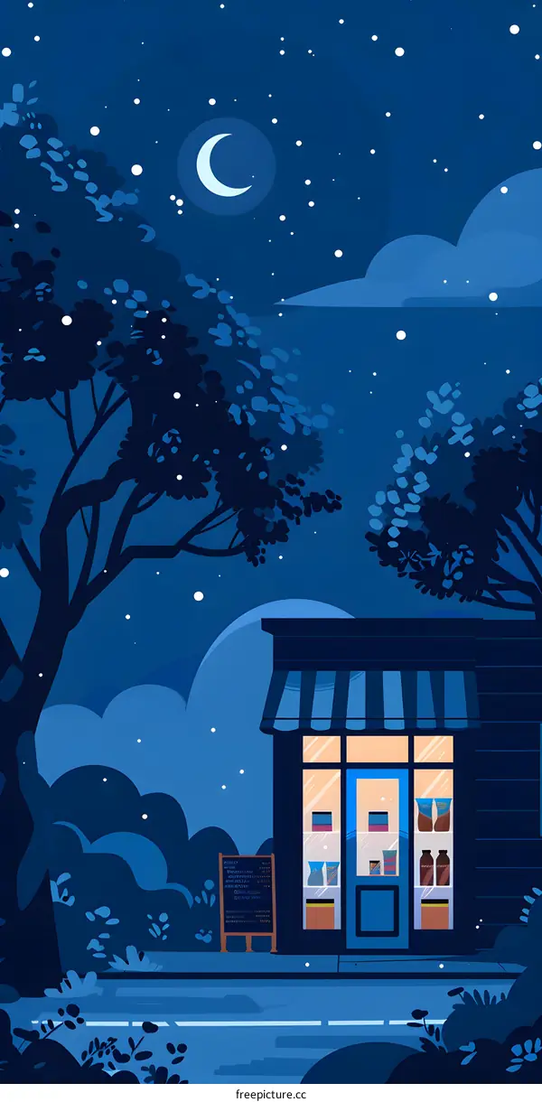 Nighttime Shop Illustration with Crescent Moon and Stars