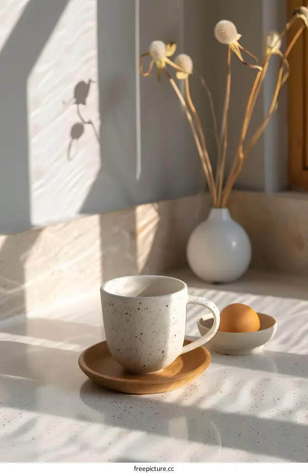 Minimalist Kitchen Countertop Still Life With Coffee Cup And Dried Flowers
