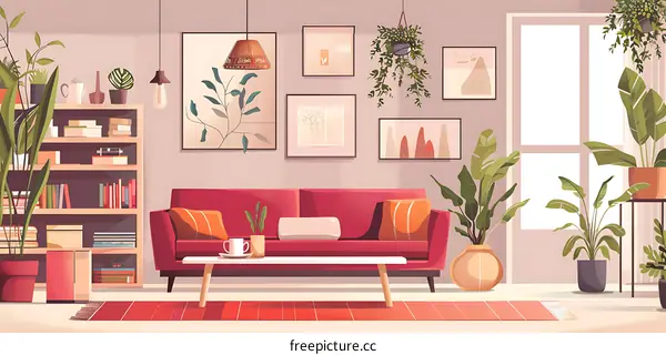 Modern Living Room Interior Design Illustration with Sofa and Plants