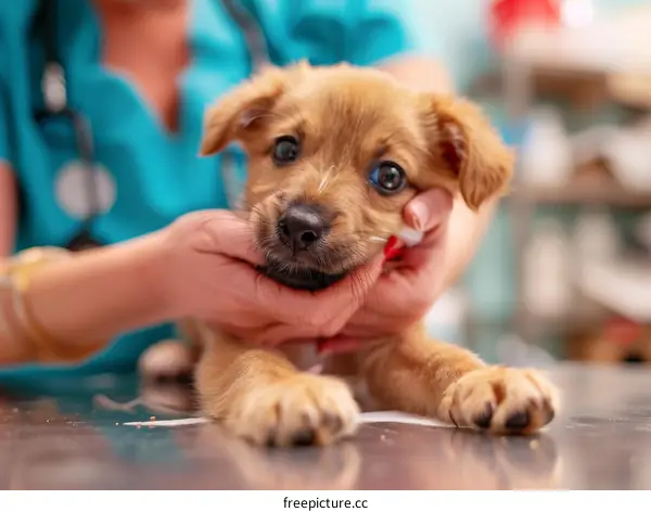 Close-up of a veterinarian examining a puppy