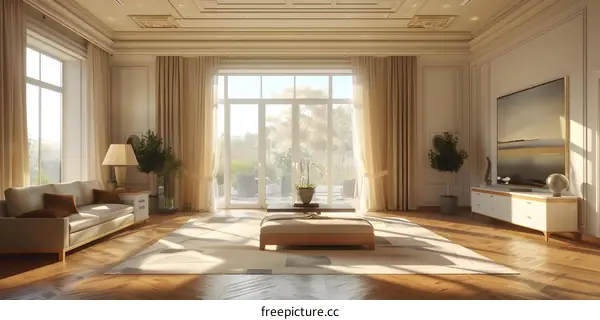 Elegant Living Room With Beige Curtains And White Walls