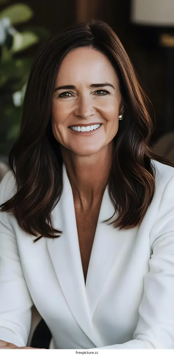 Portrait of a Smiling Woman Wearing a White Blazer